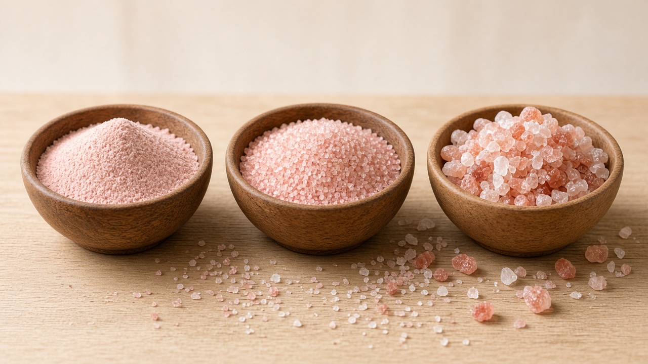 Fine, medium, and coarse pink salt grades
