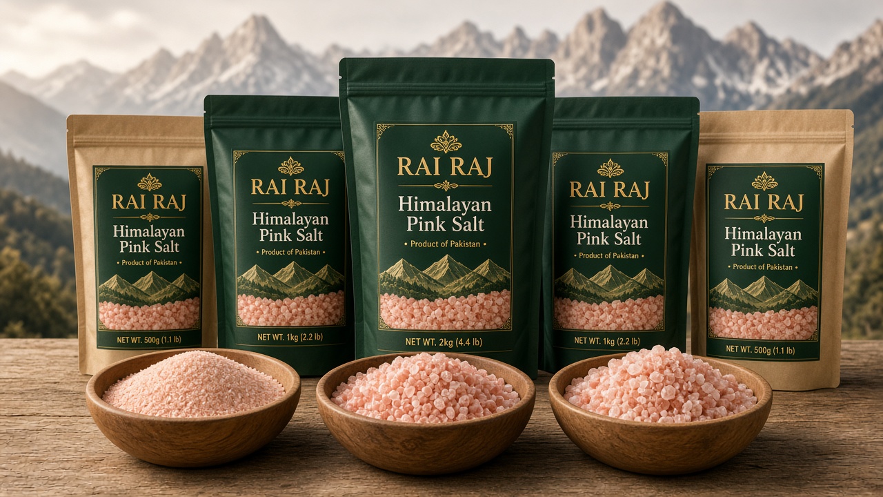 RAI RAJ Himalayan Pink Salt product range with branded packaging