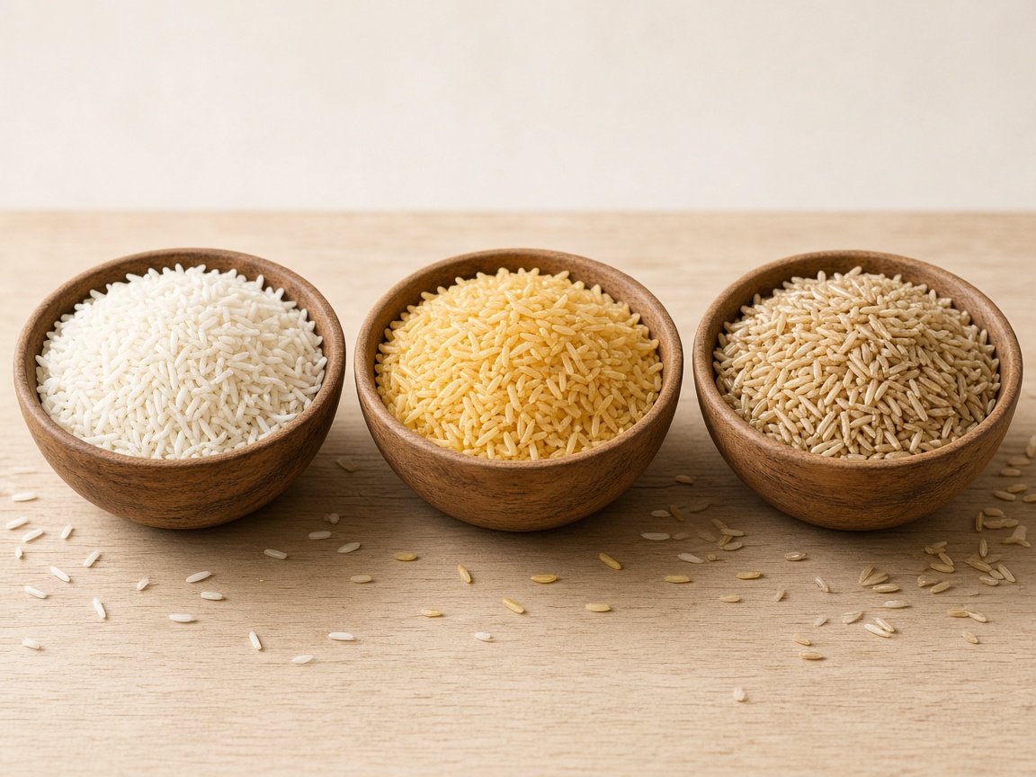 Basmati rice varieties in wooden bowls