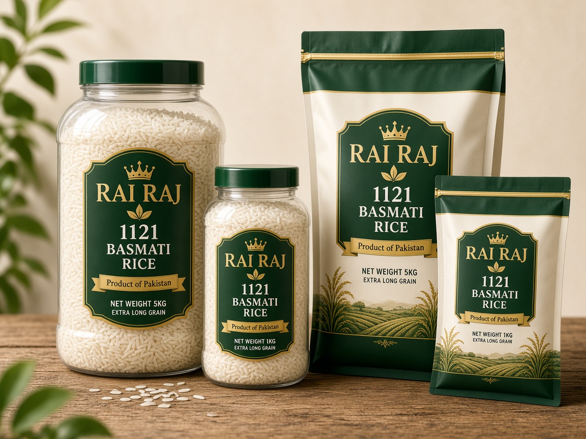 RAI RAJ labeled basmati rice packaging